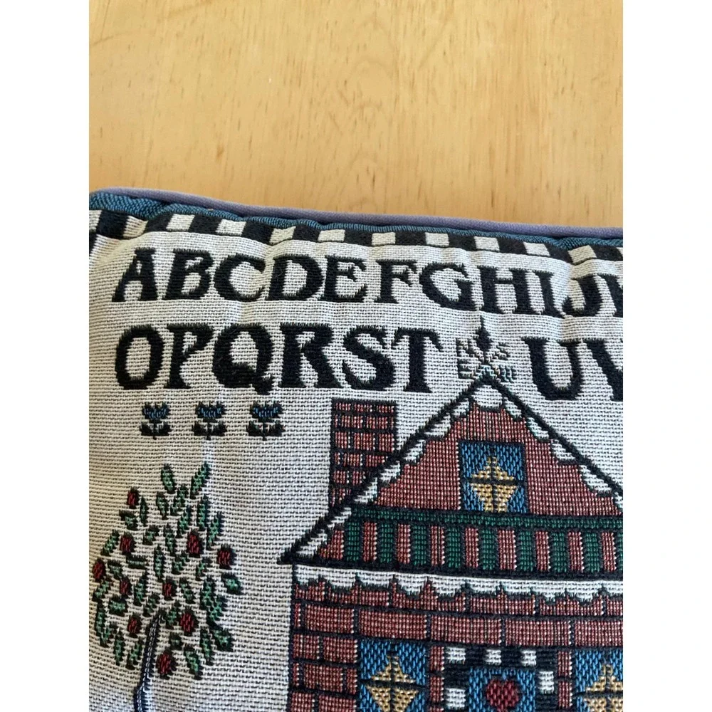 Vintage Home Sweet Home Sampler Woven Tapestry Throw Pillow Folk Art Blue 11x12